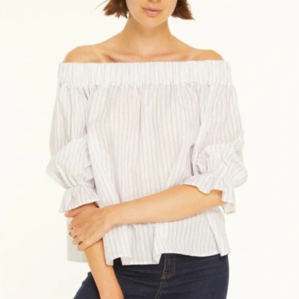 GRUNER OFF-SHOULDER PUFF-SLEEVE BLOUSE IN WHITE LAVENDER STRIPE